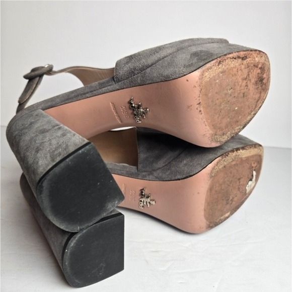 Prada Women's 6.5 Gray Suede Slingback Leather Chunky Heel Platform Sandal Heels